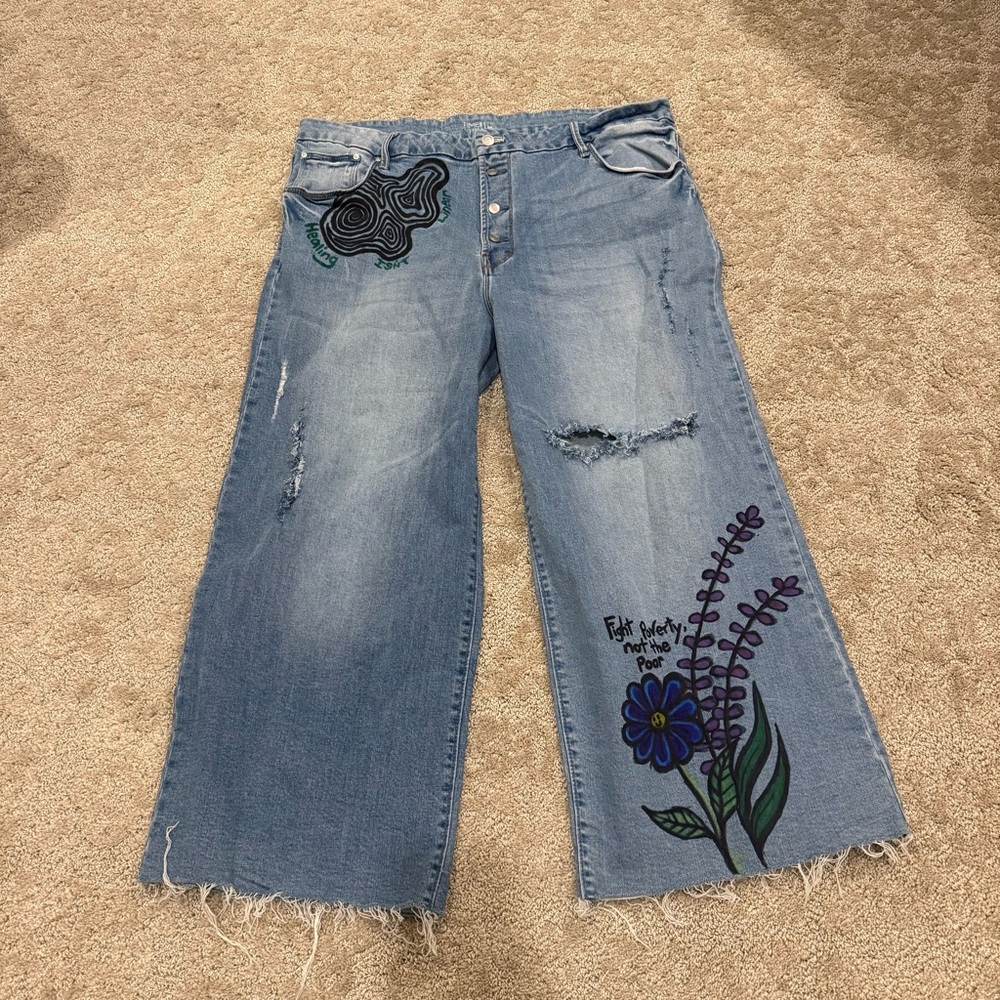 Custom Art Work Wide Leg Blue Jeans